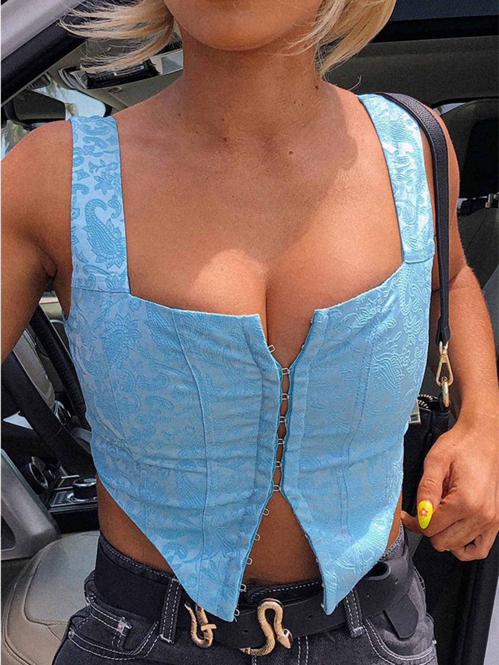 Princess Polly Light Blue Jacquard Hook-Front Corset Crop Top Sz 2
